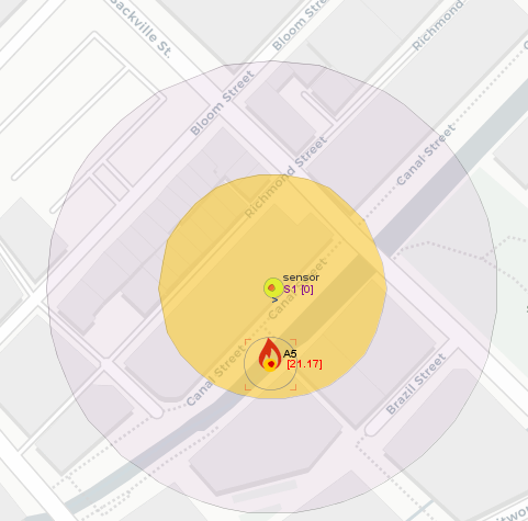La imagen muestra el radio de eventos naturales de un sensor, marcado como un círculo amarillo