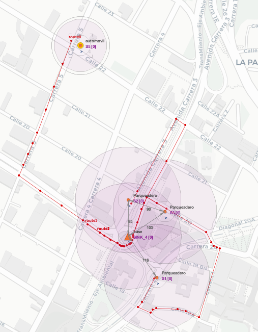 La imagen muestra un mapa con las rutas definidas entre los nodos 