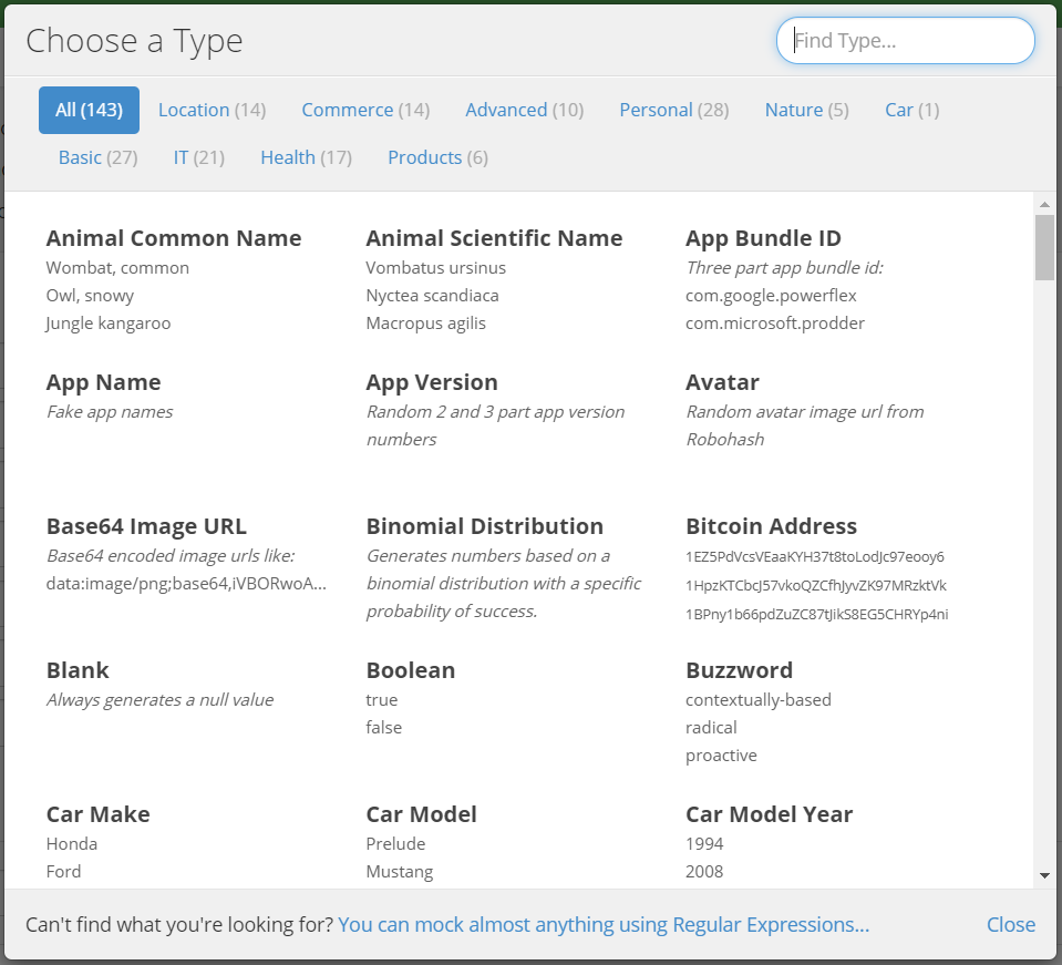 Diálogo de tipos de dato Choose a Type. Muestra 9 filtros: All, Location, Commerce, Advanced, Personal, Nature, Car, Basic, IT, Health, Products, y se ven 15 tipos de dato de ejemplo en la categoria all.