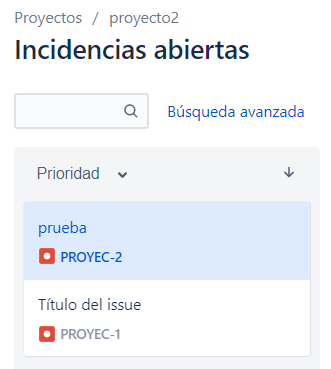 La imagen muestra la incidencia creada como parte de las incidencias abiertas en un proyecto de software clásico