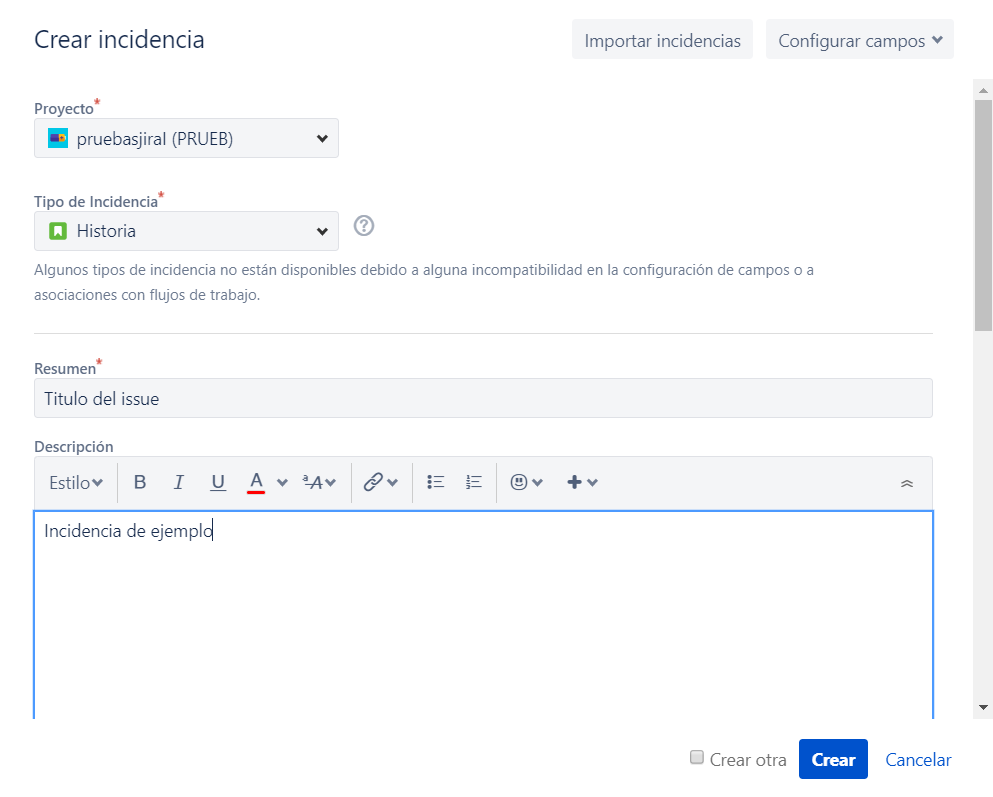 En la imagen se muestra el formulario para crear una incidencia en el proyecto creado con un resumen genérico y una descripción genérica