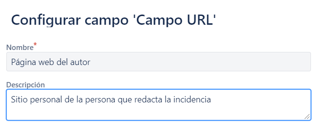 La imagen muestra el formulario para crear un nuevo campo que contiene, en este caso, información sobre la página web de quien redacta la incidencia