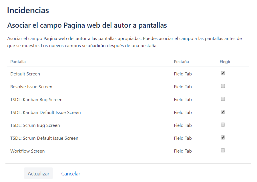 La imagen muestra las pantallas en las que se podría mostrar el campo, con la opción \