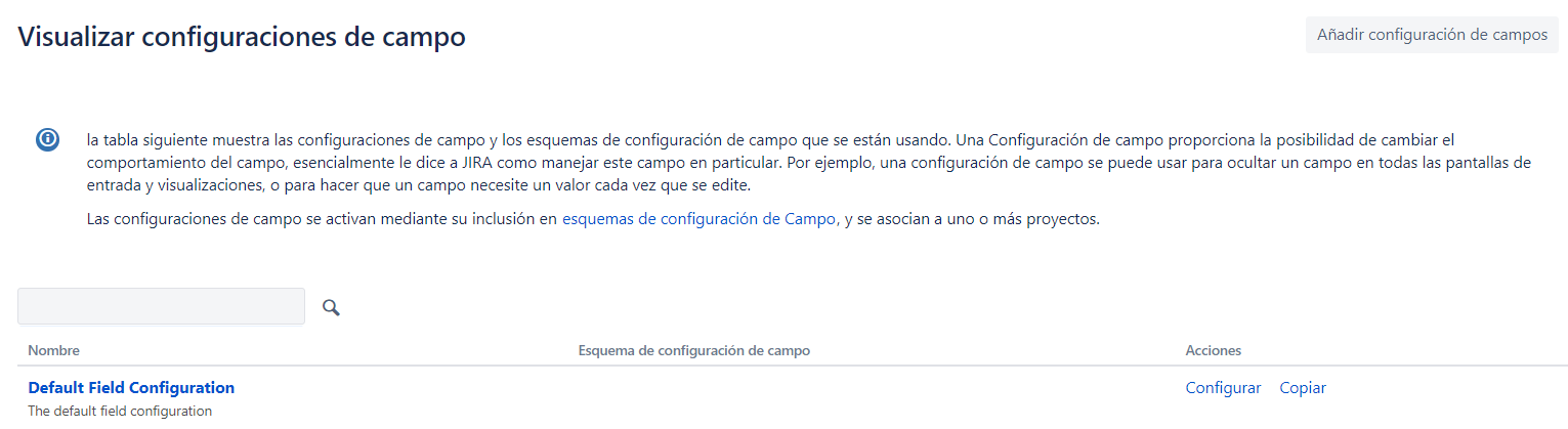 La imagen muestra el listado de configuraciones con una única configuración, creada por defecto