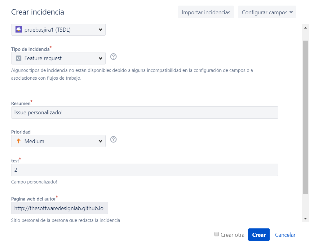 La imagen muestra que, al crear una nueva incidencia, está disponible el nuevo campo del sitio web personal