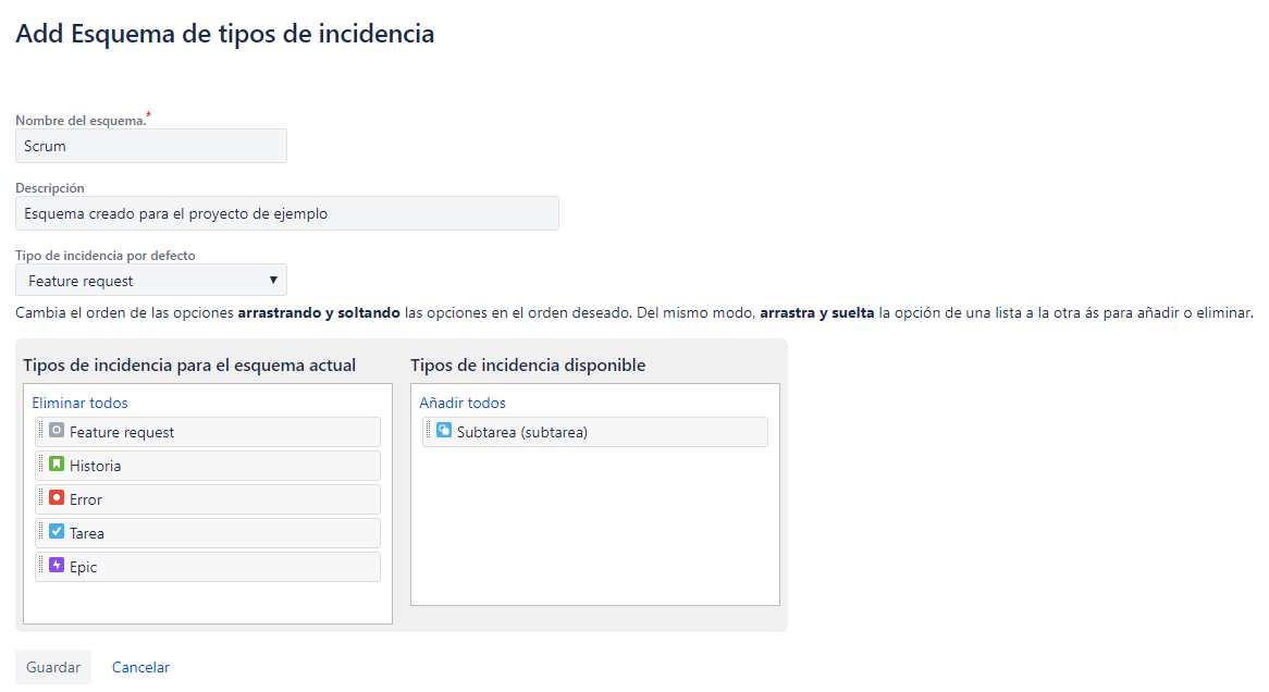 En la imagen se muestra el formulario para crear un nuevo esquema llamado Scrum con una descripción corta, con todos los tipos de incidencia excepto subtask y el tipo de incidencia recién creado como el tipo por defecto 