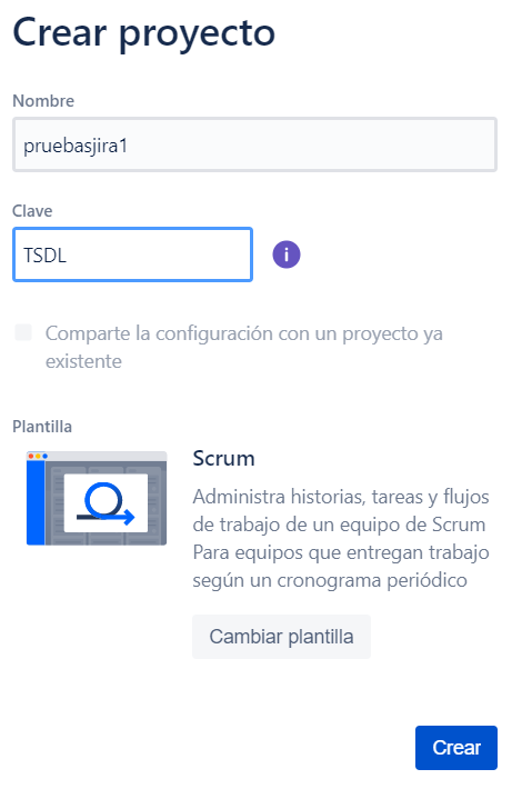 En la imagen se muestra el formulario que permite crear un proyecto con el nombre \