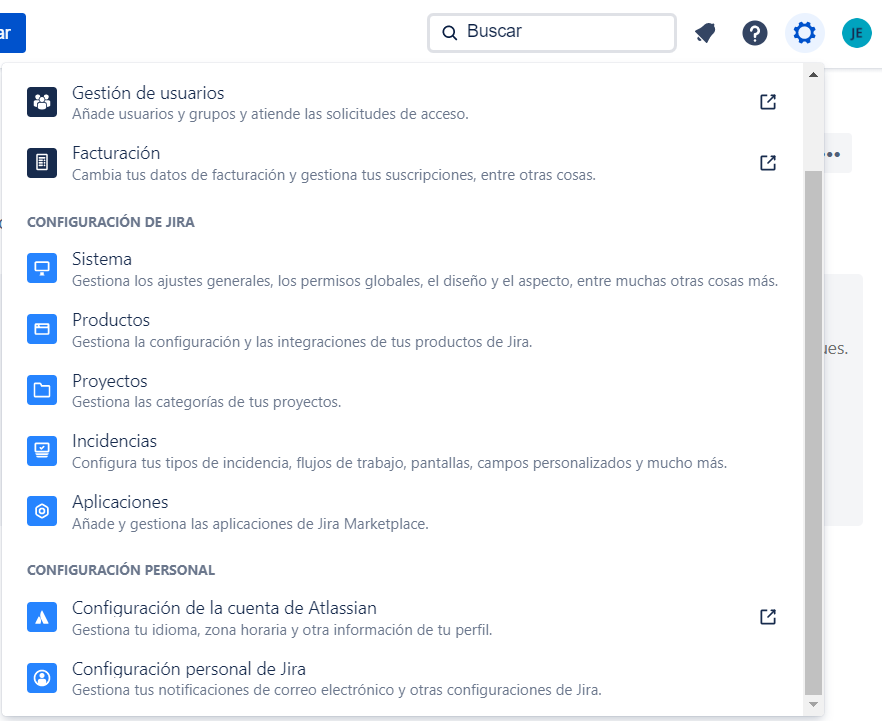 La imagen muestra todas las secciones de configuración disponibles en Jira Software. A resaltar, incidencias y proyectos