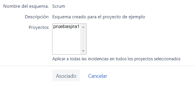 La imagen muestra la pantalla de configuración para asociar el esquema a determinados proyectos