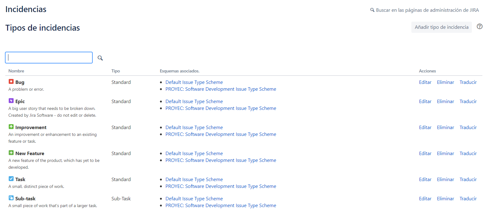 La imagen contiene una tabla con los tipos de incidencias existentes en el espacio de seguimiento. Estos son Bug, Epic, Improvement, New feature, Task, Sub-task