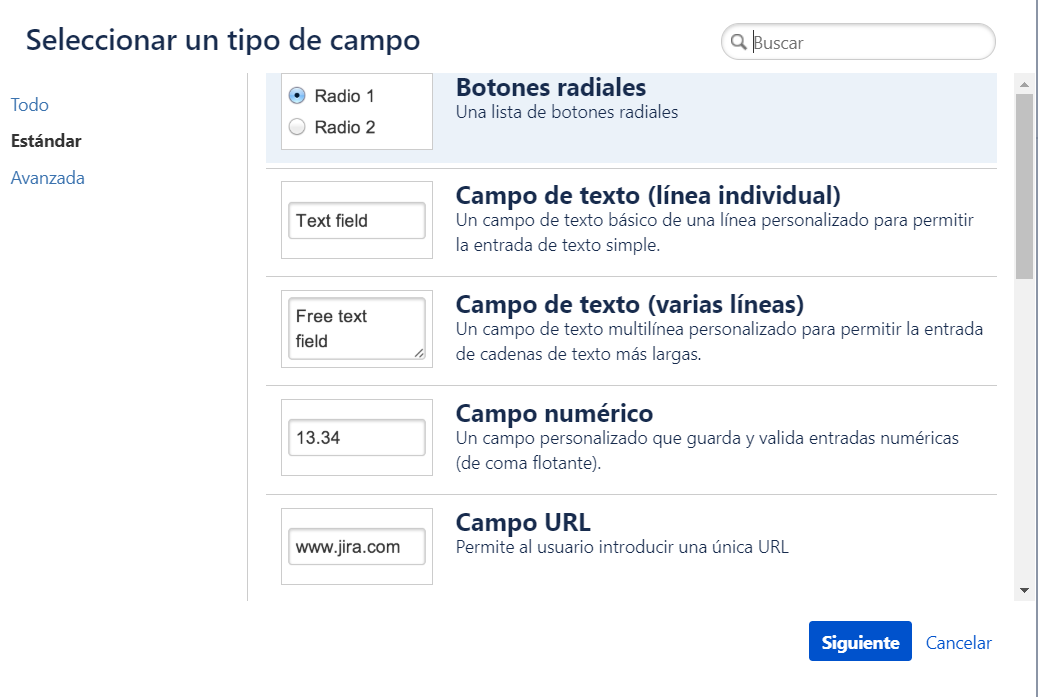 La imagen muestra las posibilidades disponibles para configurar el tipo de entrada que recibe el campo