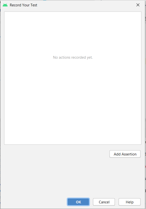 Al grabar una prueba de Espresso se muestra un panel con un cuadro que muestra las acciones que se han capturado si las hay, y tres botones: Ok, Cancel y Help