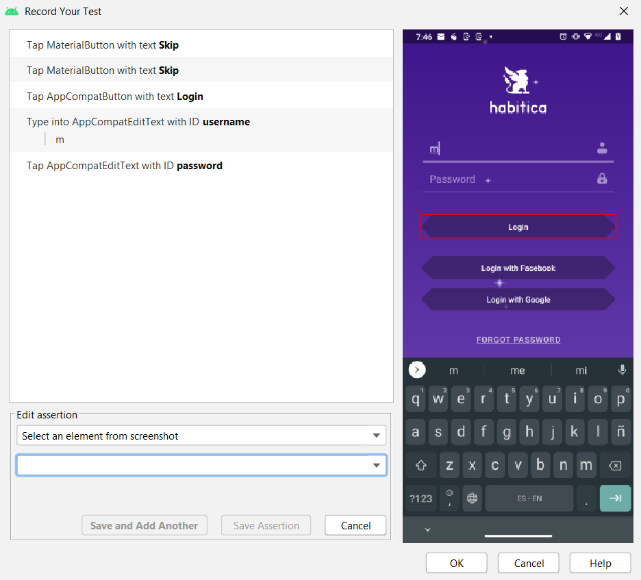 Para agregar una asercion sobre el contenido de la pantalla se muestra un panel con las acciones grabadas al lado izquierdo, un campo para editar la asercion y un panel con la imagen de la captura de pantalla en el lado derecho