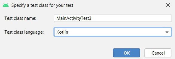 Al guardar las interacciones capturadas para la prueba se muestra un panel de confirmación con un campo para el nombre de la clase que contendrá la prueba y un campo para elegir el lenguaje (entre Java y Kotlin)