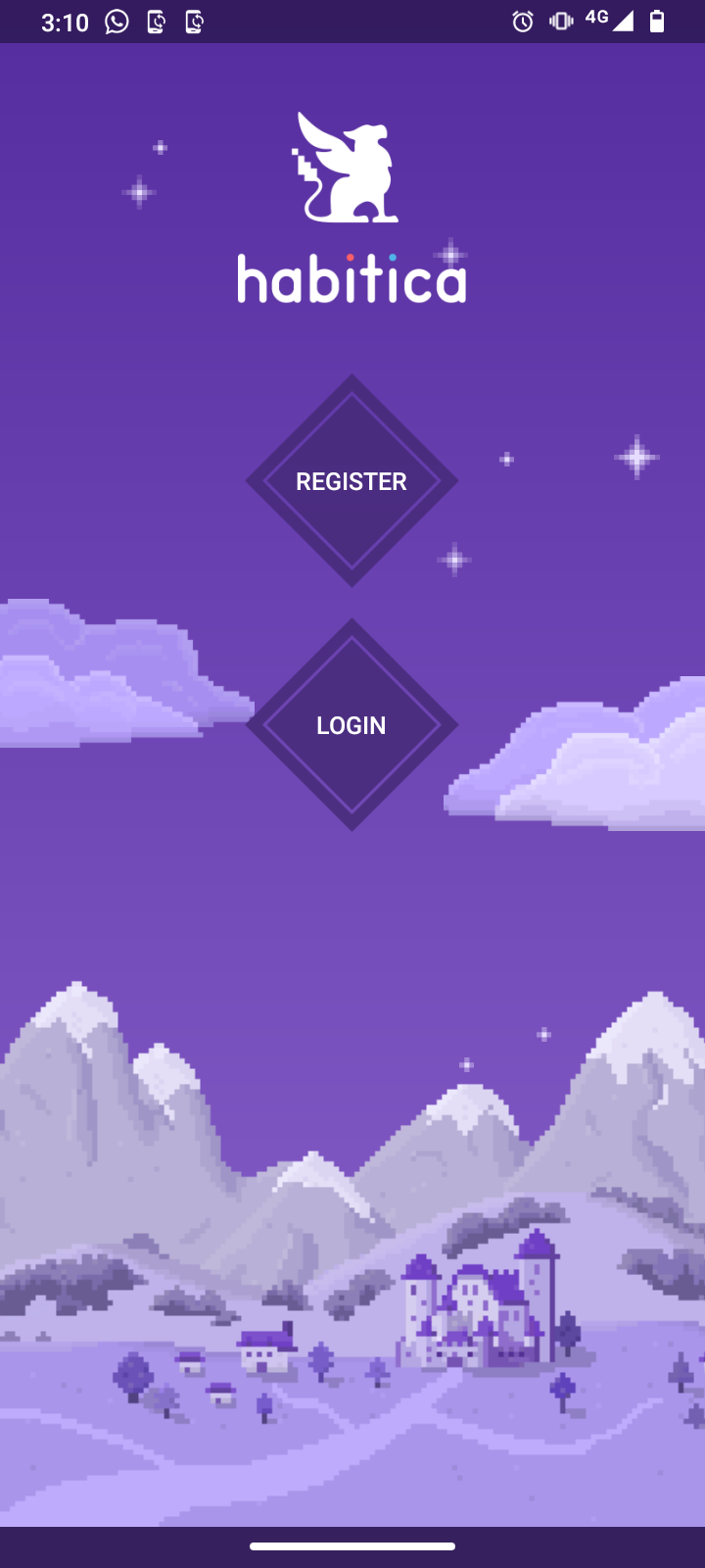 Captura de pantalla del dispositivo Android con una vista sencilla que contiene el logo de Habitica, un botón para registrarse y un botón para iniciar sesión