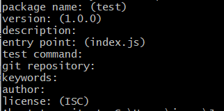 package name, version, description, entry point, test command, git repository, keywords, author, license