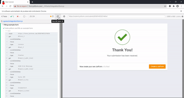 Instancia de chrome desplegada por Cypress con un navegador embebido que recibe las interacciones definidas de la prueba y las muestra en tiempo real