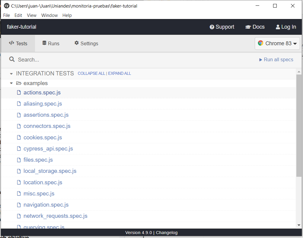 Ventana de interfaz gráfica de Cypress con pruebas de integración predeterminadas en el directorio del proyecto