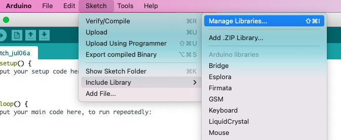 En la barra superior seleccionar Sketch, luego Include Libraries y en el último menú desplegable seleccionar Manage Libraries.