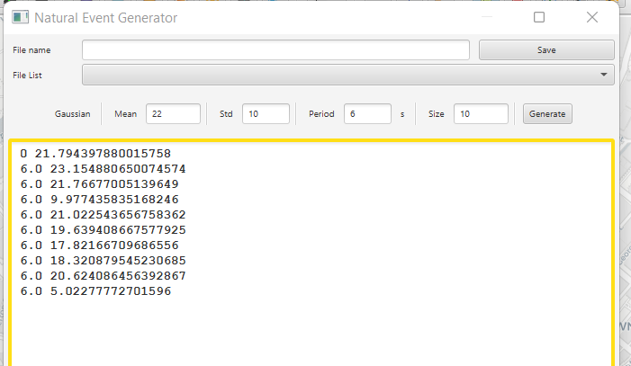 Valores generados aleatoriamente para un evento natural  La imagen muestra tuplas de valores generados aleatoriamente para un evento natural