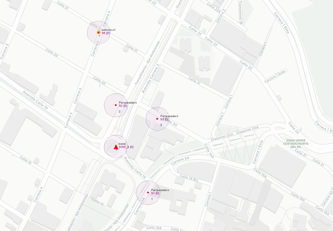 Escenario de simulación Sistema de Parqueo Inteligente La imagen muestra un mapa con el nodo base y los nodos parqueadero