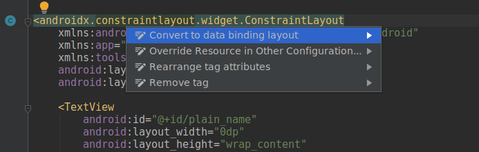 menú desplegable en el Constraint Layout, que muestra la opción de convertir a un layout con data binding\n
