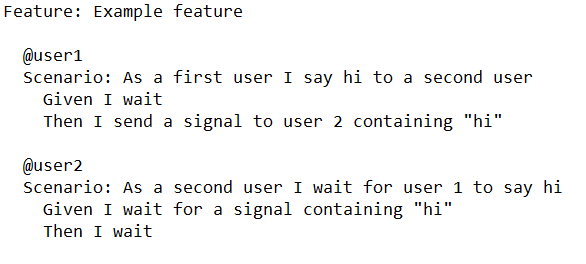 Instrucciones por defecto para ejecutar un escenario donde el usuario 1 espera la ejecución de Kraken y luego envía una señal diciendo 'hi'. En cuanto al usuario 2, espera a que llegue la señal y luego termina la ejecución