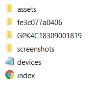 Directorios: assets, (id del dispositivo 1), (id del dispositivo 2), screenshots. Archivos: devices.txt, index.html
