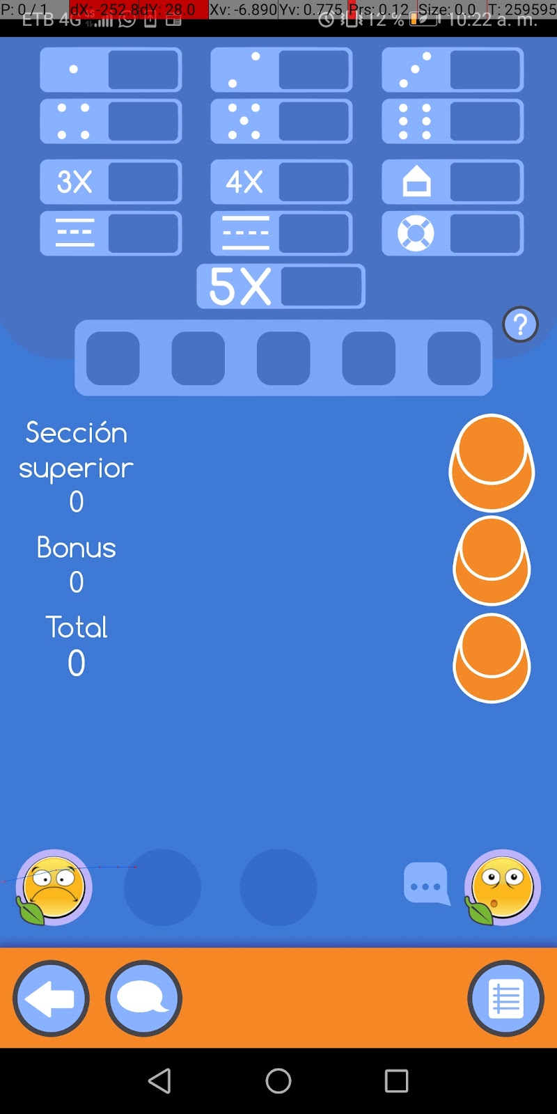 El tablero de juego tiene una sección superior con 13 botones que determinan el puntaje de la ronda según los dados, luego una sección que contiene los números elegidos y luego un tablero donde se muestra la puntuación, los dados disponibles y los \
