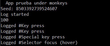 Registros indicando los eventos aleatorios generados: Log started, Logged #Key press, Logged #Special key press, etc