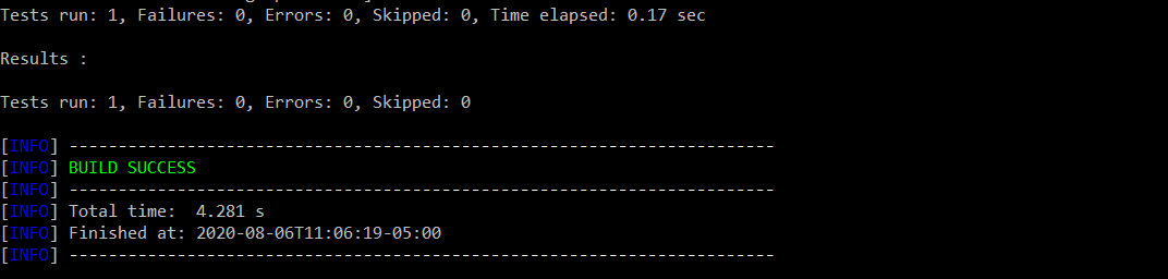 Registros de consola Results:\nTests run: 1, Failures: 0, errors:0, skipped:0\nBUILD SUCCESS\nTotal time\nFinished at