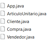 Archivos para las clases y uno para la integración: ArticuloUnitario.java, Cliente.java, Compra.java, Vendedor.java y App.java\n