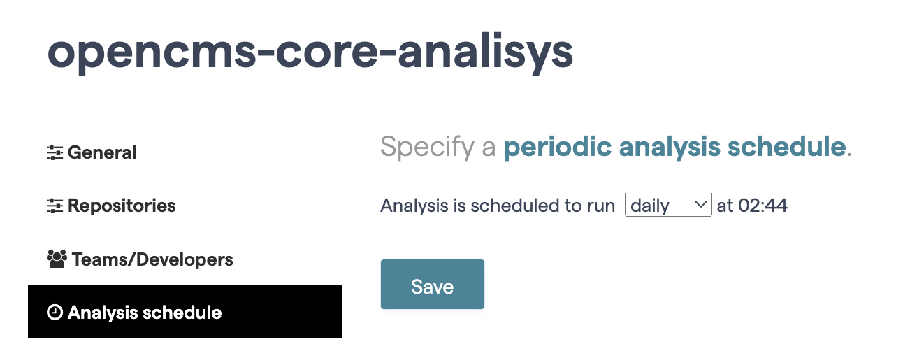 La imagen muestra las opciones disponibles en la pestaña Analysis schedule del menú Configuration de la barra de menús de proyecto de CodeScene, donde le pide que escoja la periodicidad con la que se correrán los análisis automáticos