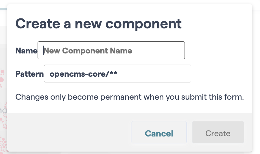 La imagen muestra la ventana de creación de un nuevo componente de arquitectura, al cual se le debe asignar un nombre y un patrón 