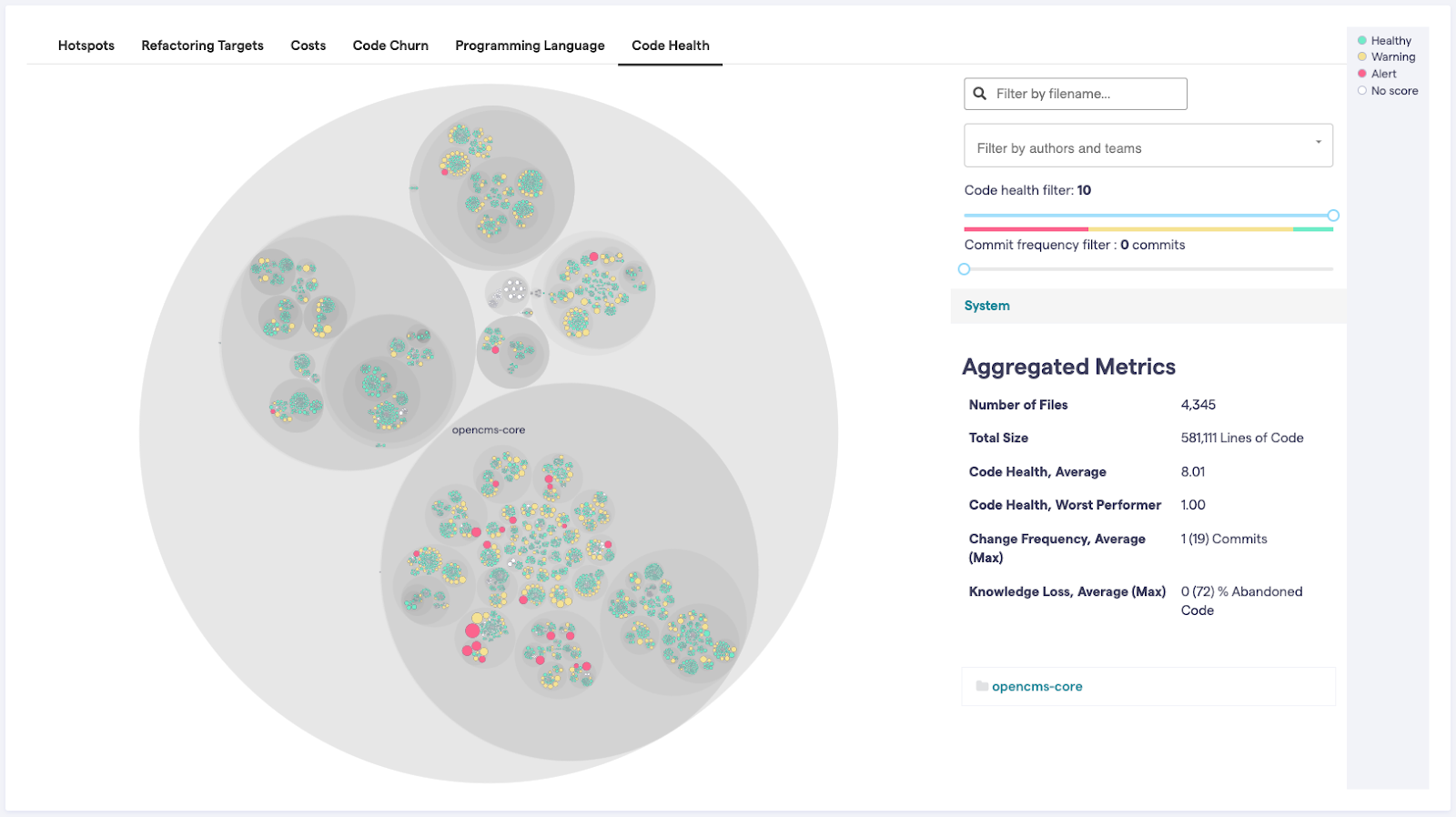 La imagen muestra la vista de "Code Health", con un mapa de calor de salud del código a la izquierda y una lista de filtros que se pueden aplicar al mapa a la derecha