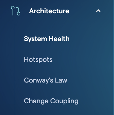 La imagen muestra un fragmento de barra de menús de proyecto de CodeScene, en particular, enfoca el despliegue de opciones del menú Architecture
