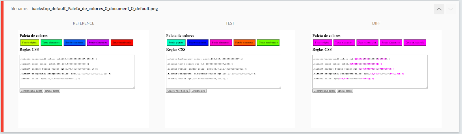 Sección etiquetada como Paleta de colores con una imagen reference y una imagen test con colores ligeramente distintos y una imagen señalando los pixeles con color distinto