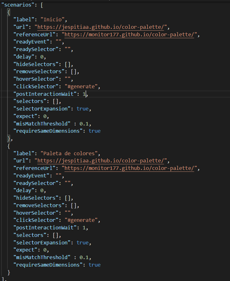 JSONArray con dos objetos que usan la url de su sitio web, la url de referencia del sitio del monitor, el mismo selector para hacer clic en el boton de generar y con las propiedades estándar.