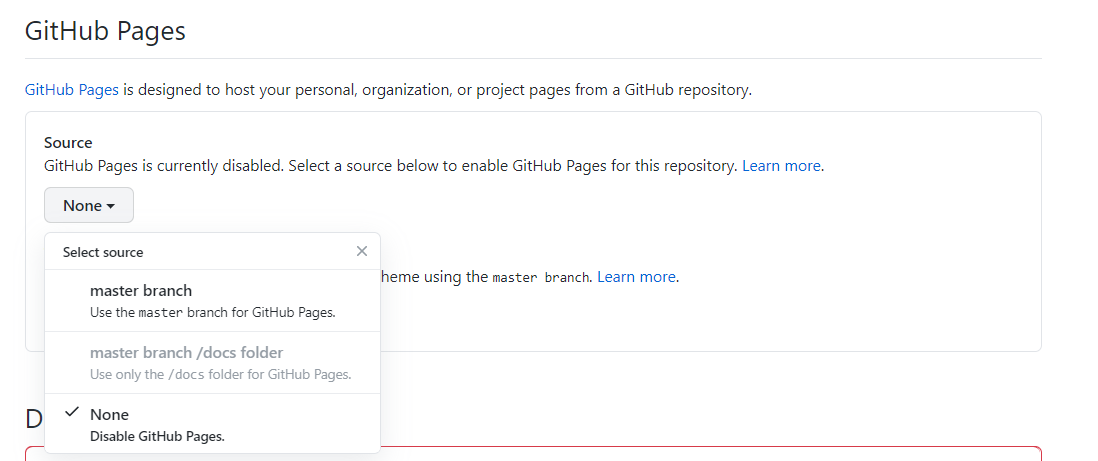 Apartado para configurar un despliegue del proyecto a un sitio web estático de GitHub con un botón en la sección Source que muestra las ramas del repositorio